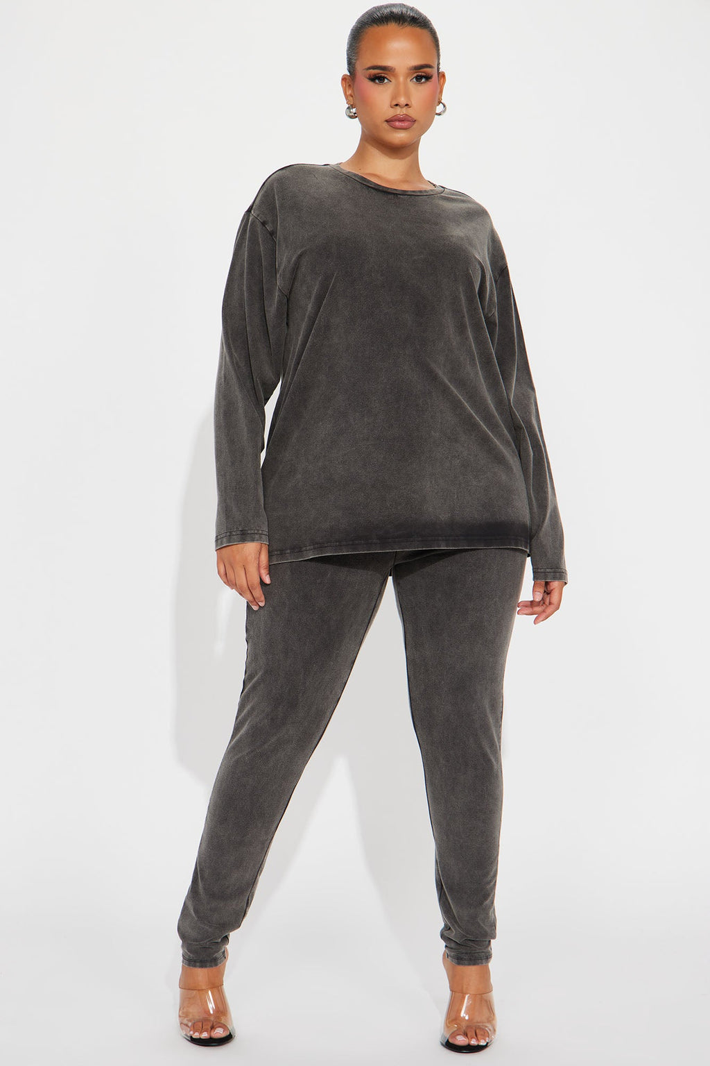 Stepping Out Mineral Wash Long Sleeve Legging Set - Charcoal