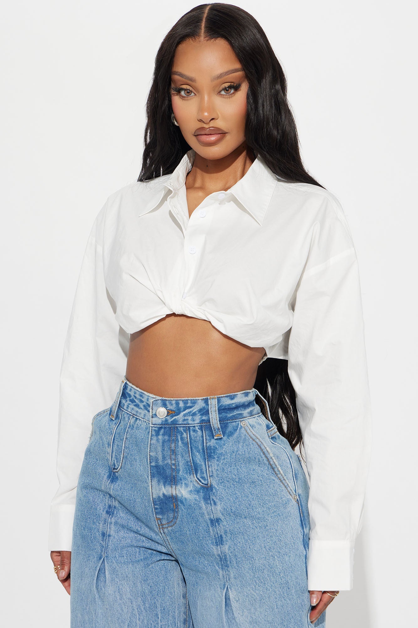 Brandi Cropped Poplin Blouse Top - White