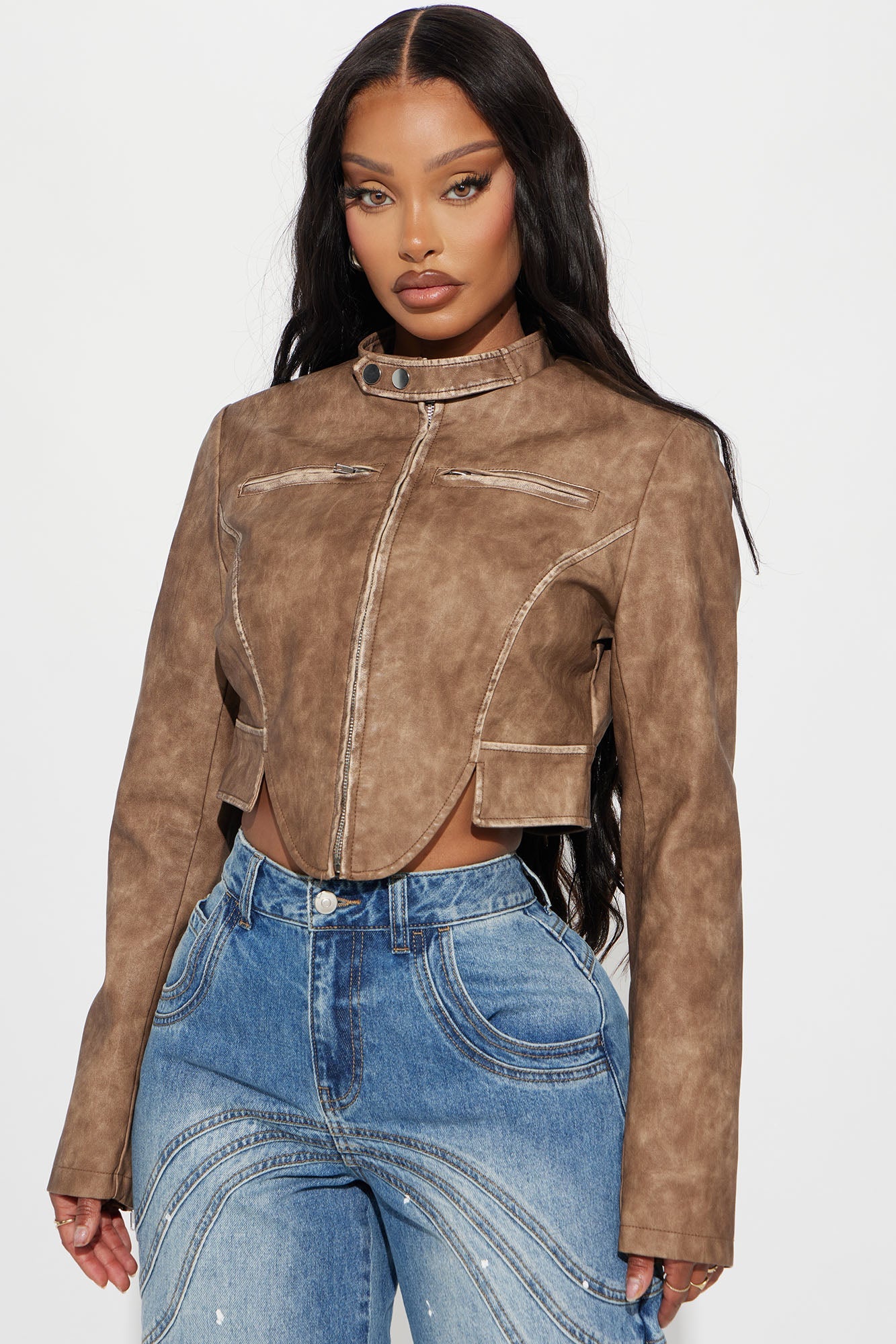 Ines Washed Faux Leather Jacket - Taupe
