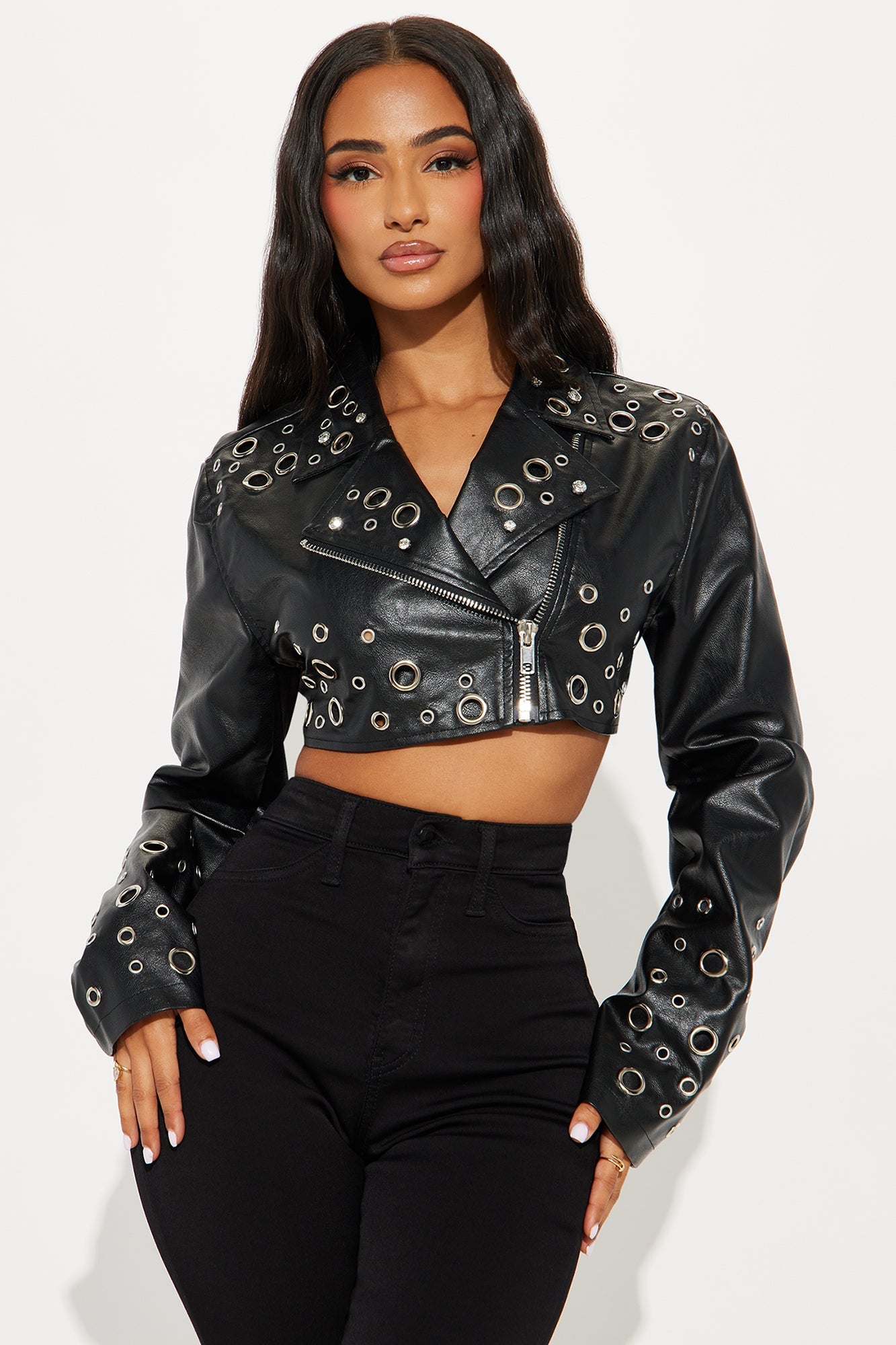 Holes In Your Story Cropped Faux Leather Jacket - Black
