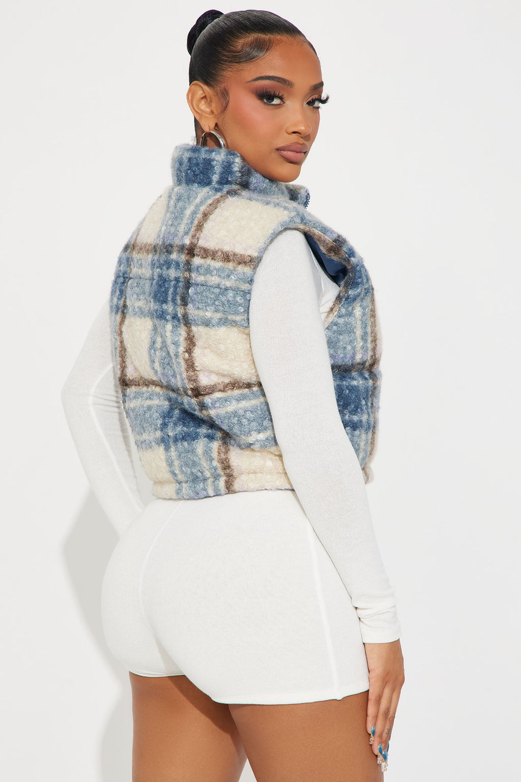 Cold Feelings Sherpa Plaid Puffer Vest - Blue/combo