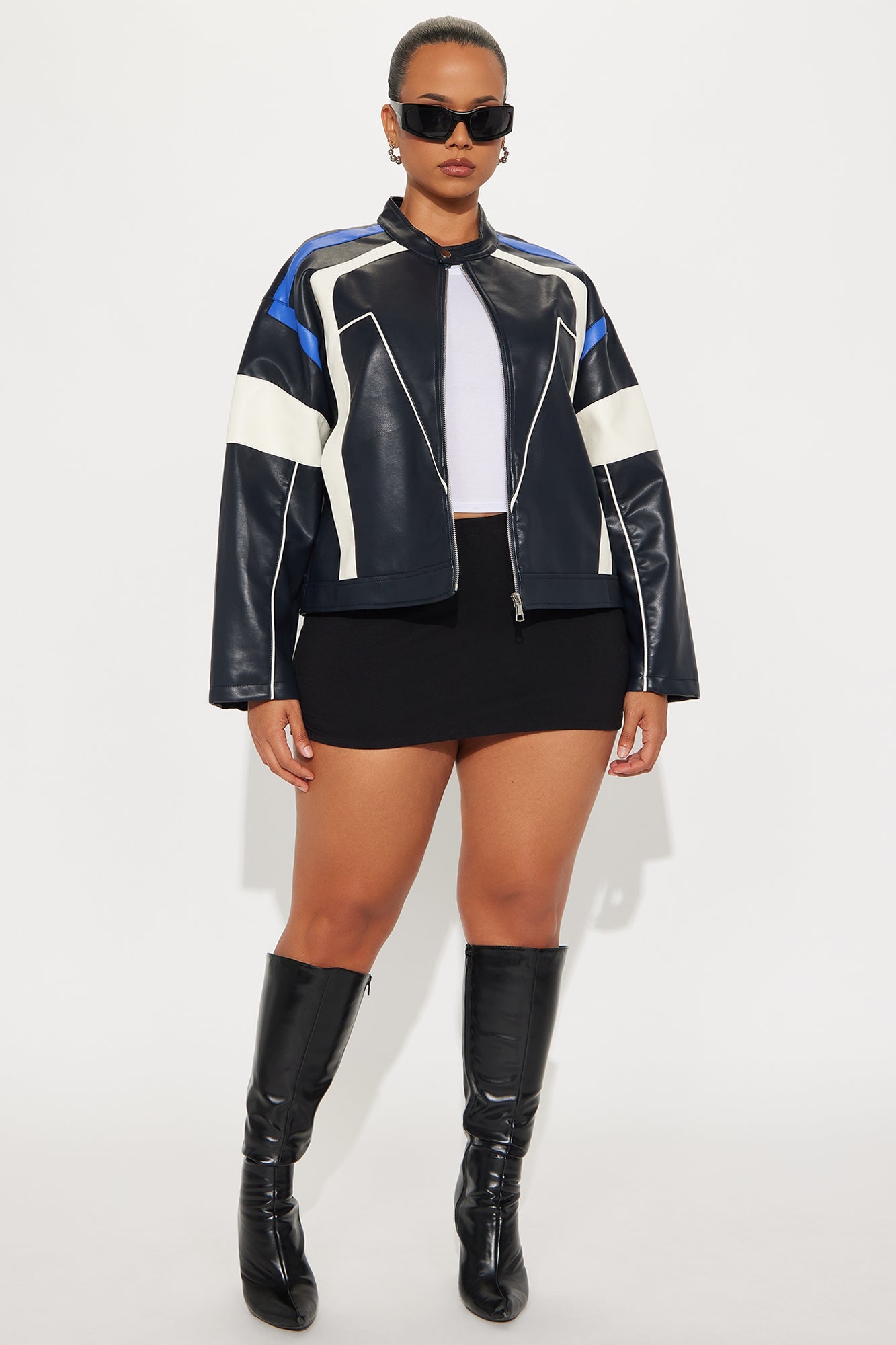 Sasha Faux Leather Moto Jacket - Royal/combo