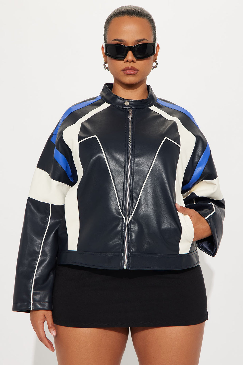 Sasha Faux Leather Moto Jacket - Royal/combo