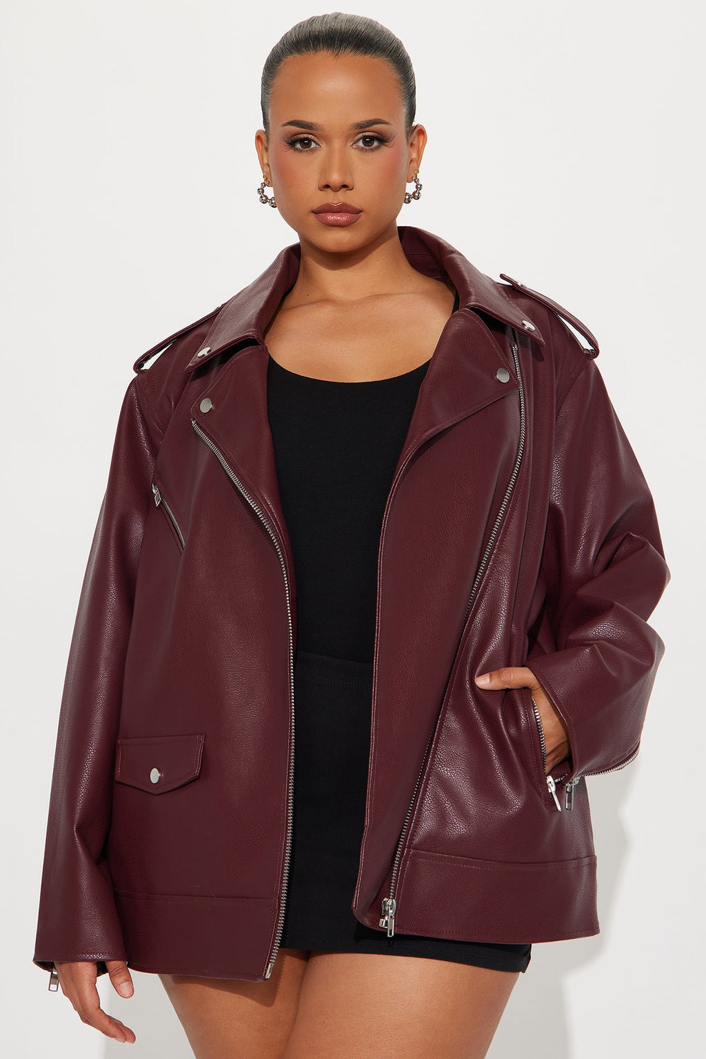 Phoebe Oversized Faux Leather Moto Jacket - Burgundy