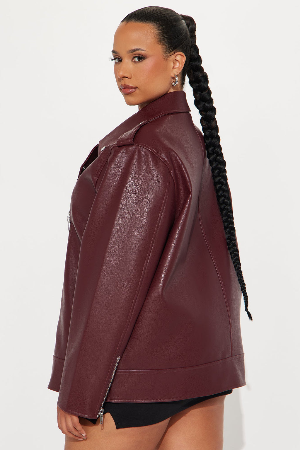 Phoebe Oversized Faux Leather Moto Jacket - Burgundy