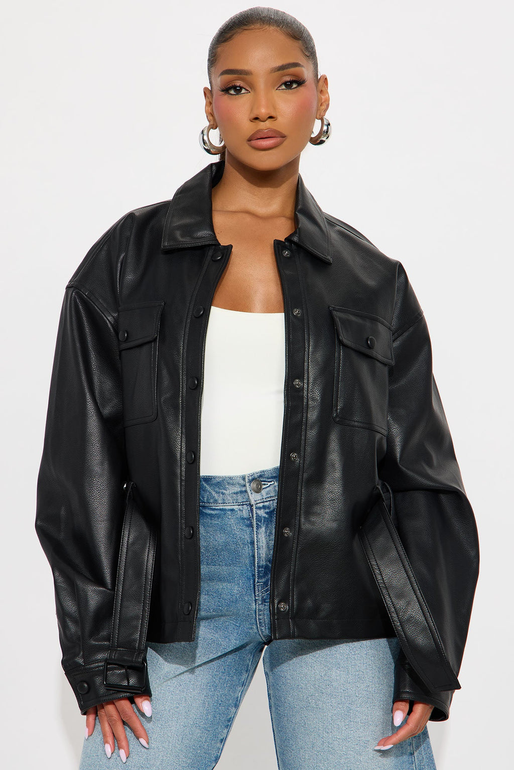 Melanie Belted Faux Leather Jacket - Black