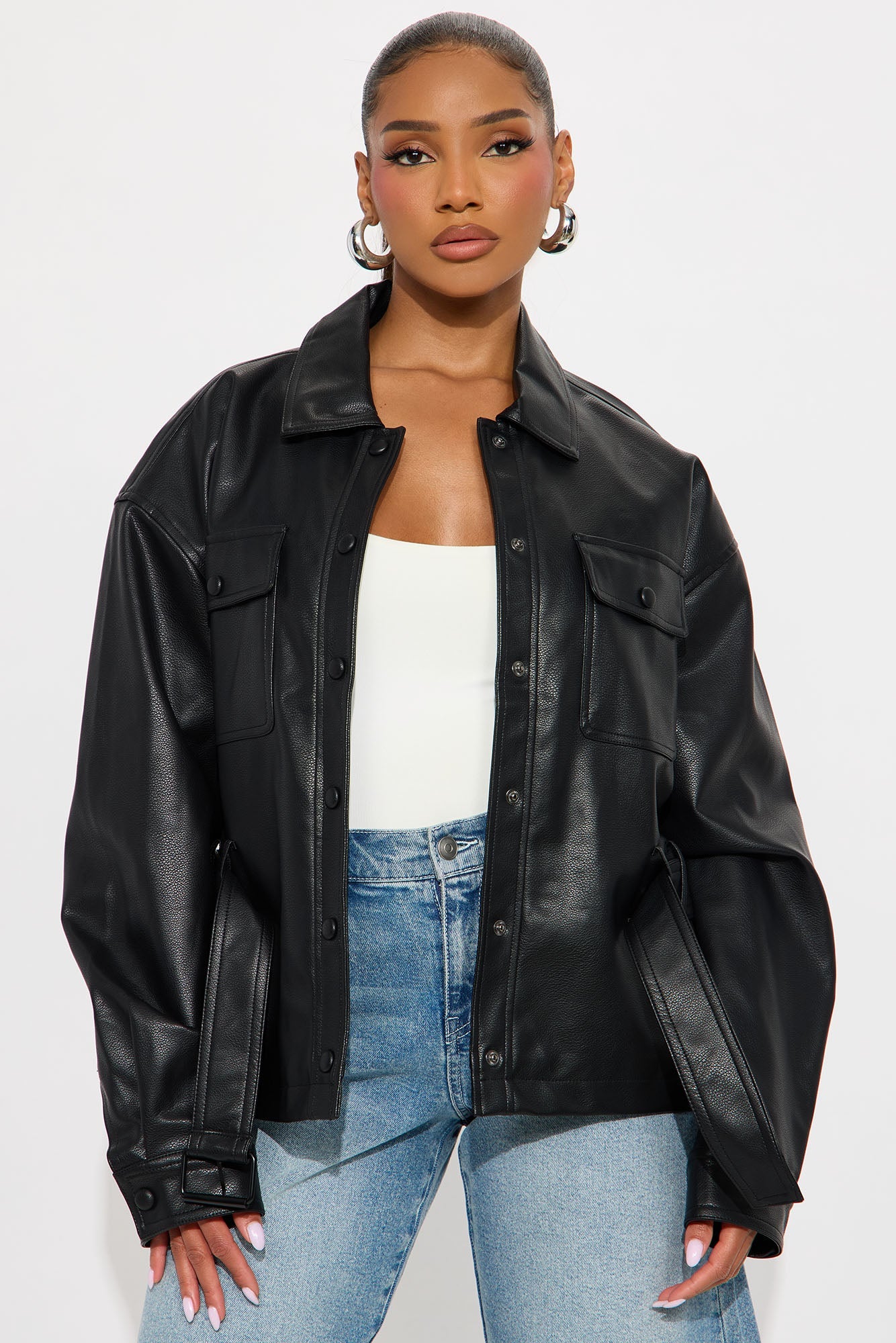 Melanie Belted Faux Leather Jacket - Black