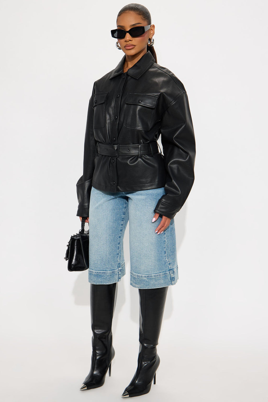 Melanie Belted Faux Leather Jacket - Black