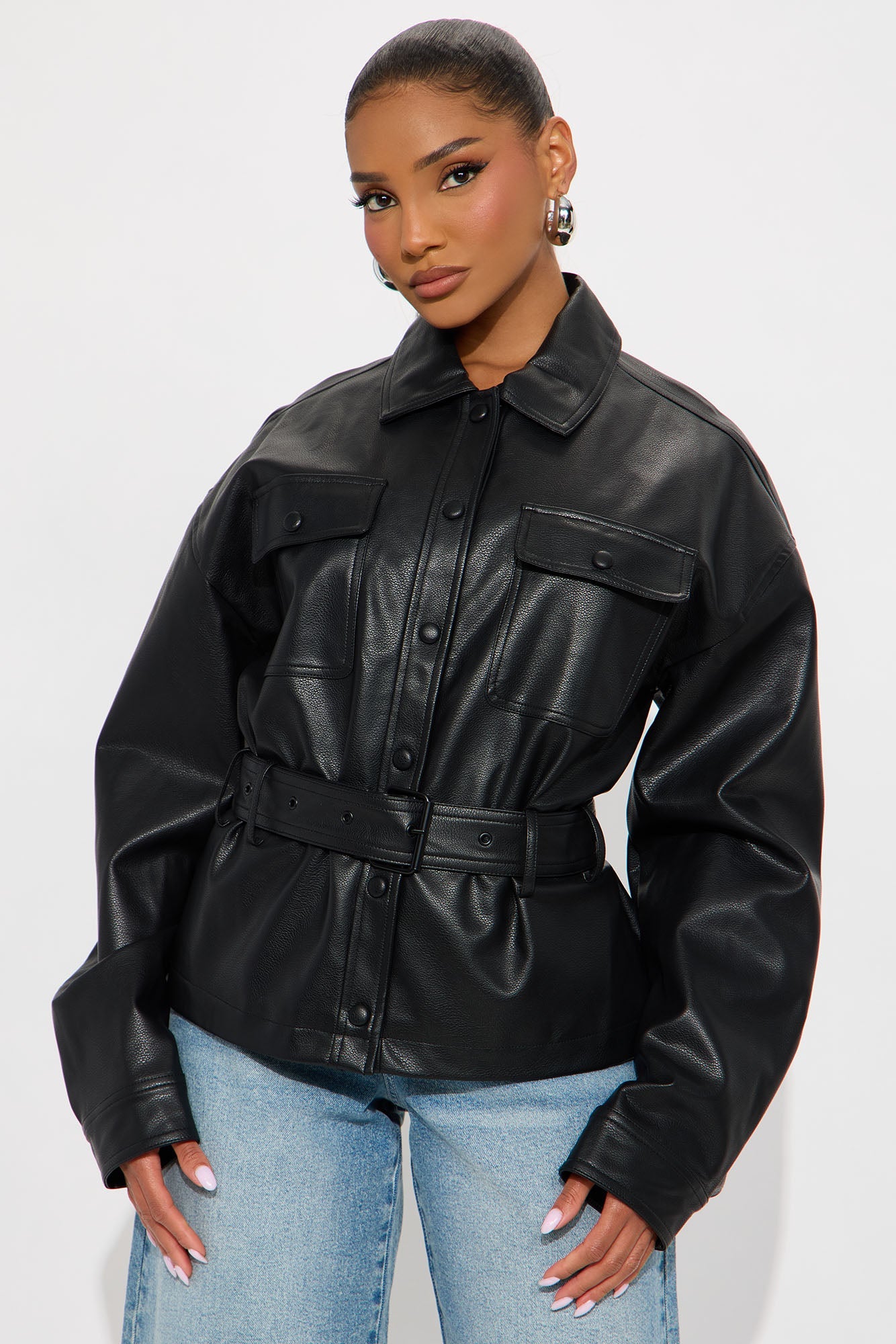 Melanie Belted Faux Leather Jacket - Black