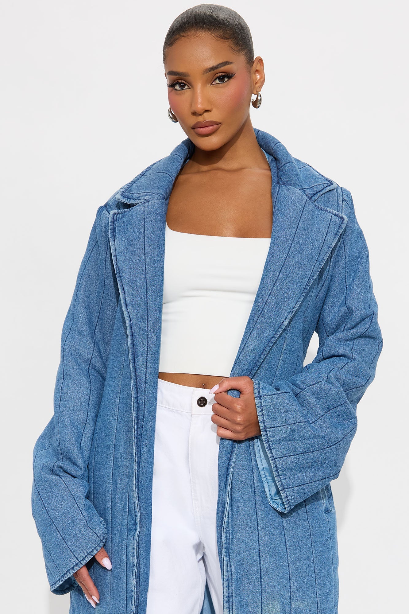 Kiara Quilted Denim Trench - Medium Wash