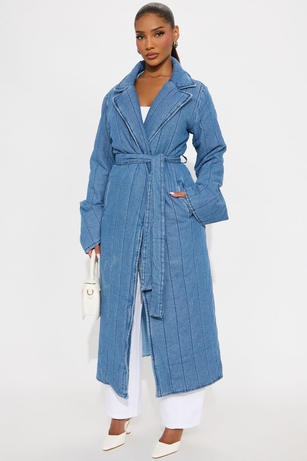Kiara Quilted Denim Trench - Medium Wash