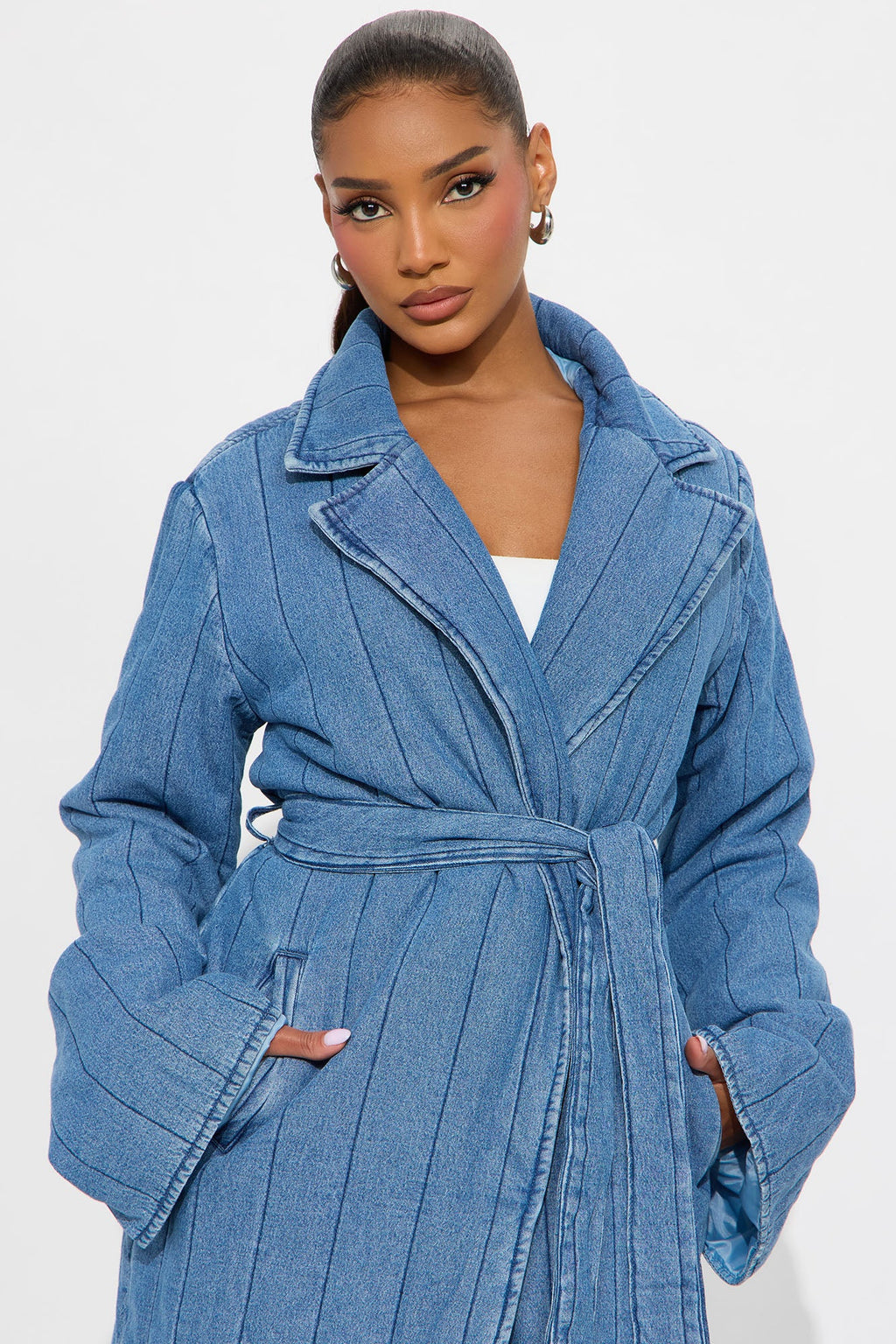Kiara Quilted Denim Trench - Medium Wash