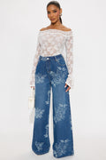 Rose Kiss Floral Print Wide Leg Jeans - Medium Wash