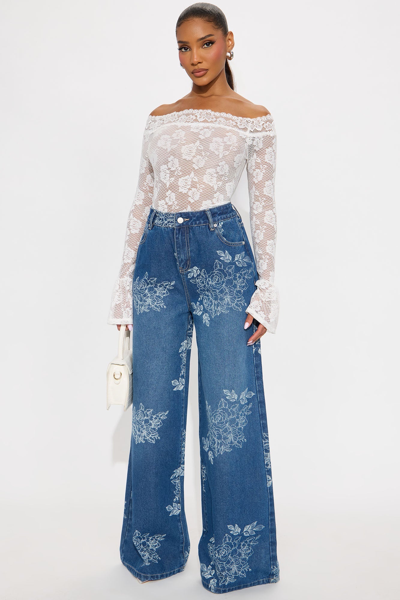 Rose Kiss Floral Print Wide Leg Jeans - Medium Wash