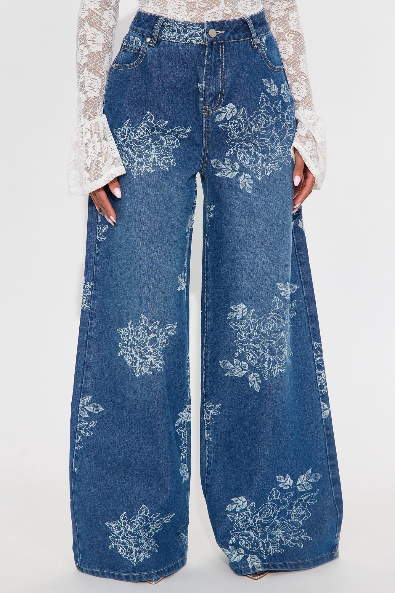 Rose Kiss Floral Print Wide Leg Jeans - Medium Wash