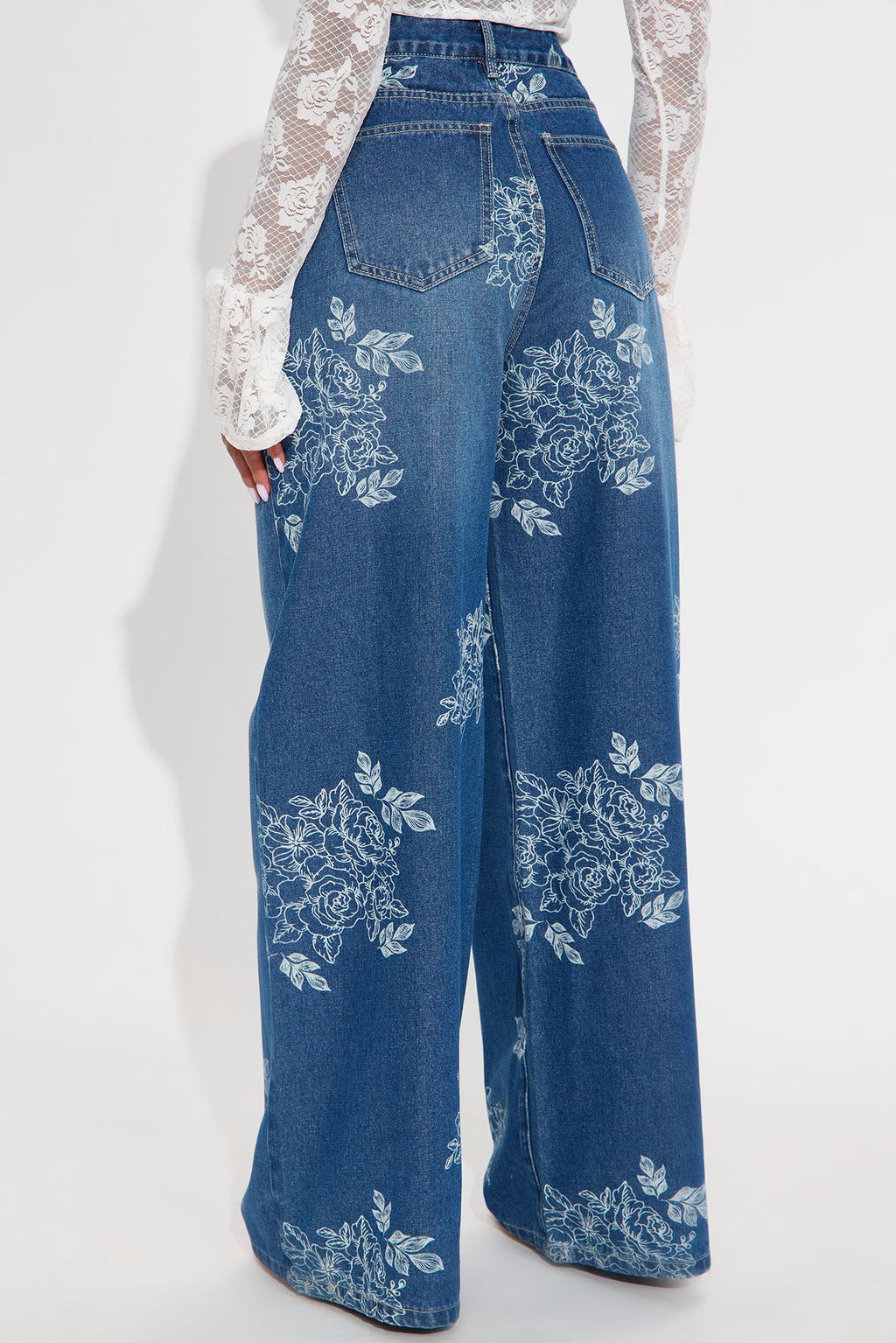Rose Kiss Floral Print Wide Leg Jeans - Medium Wash
