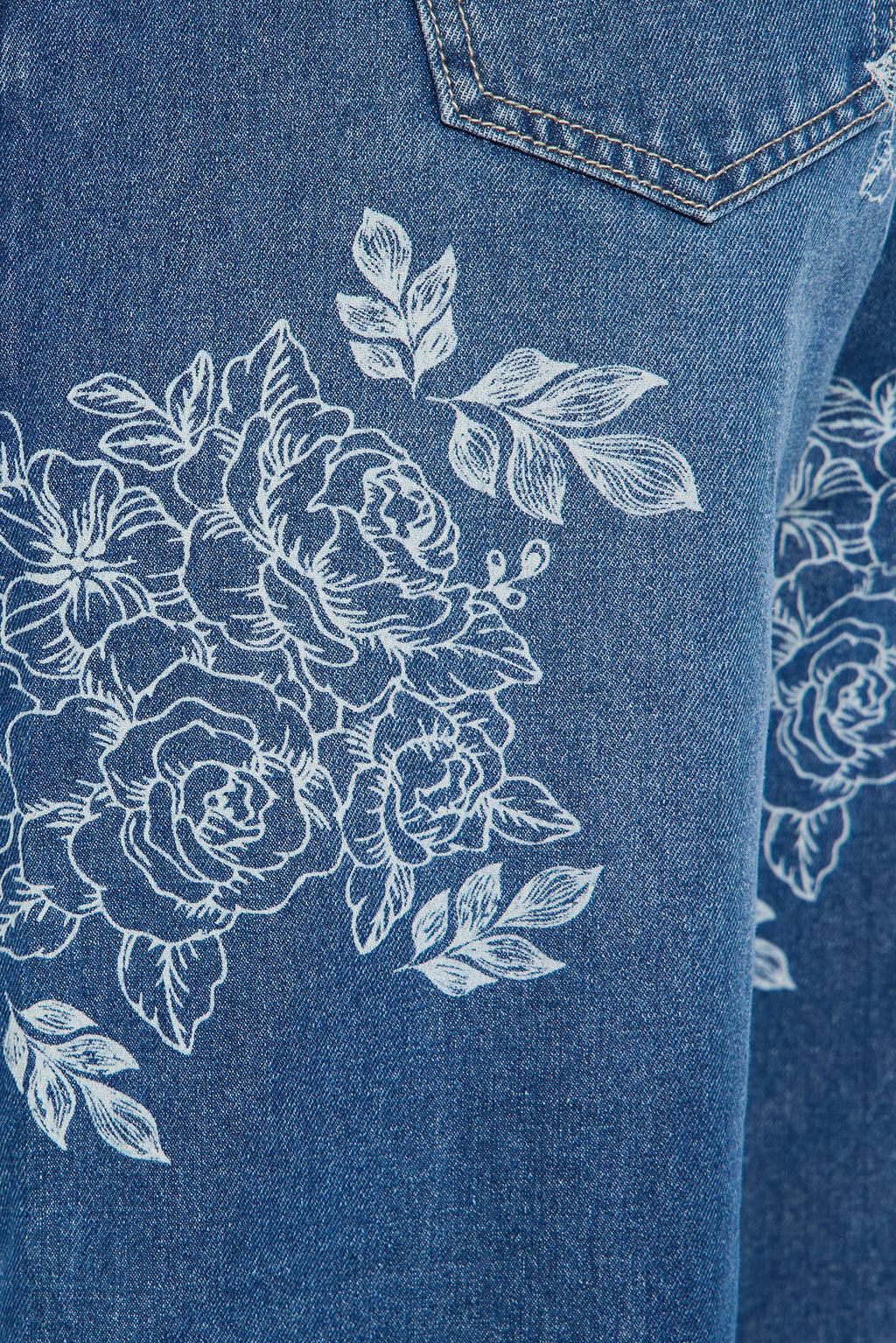 Rose Kiss Floral Print Wide Leg Jeans - Medium Wash