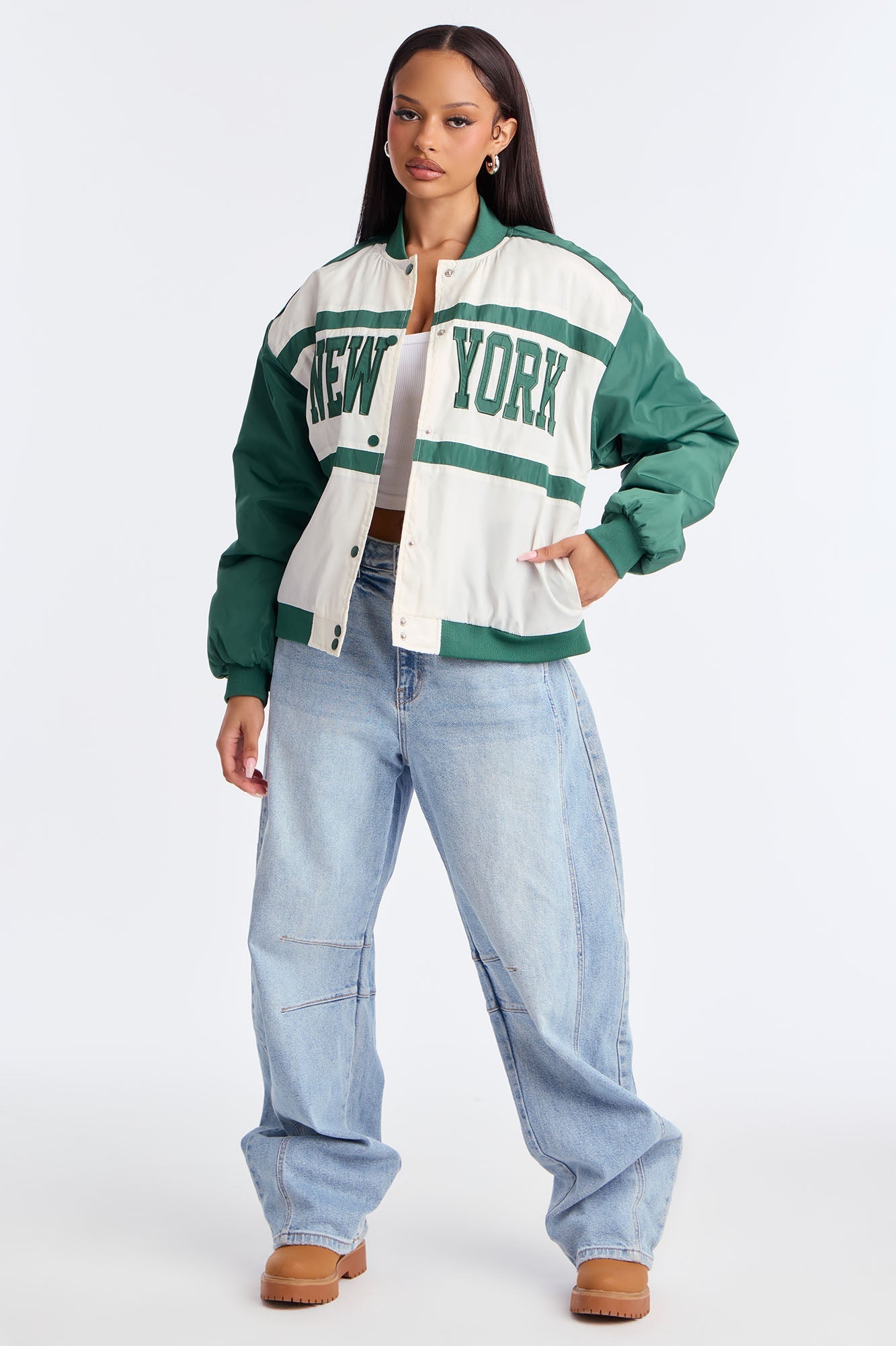 New York Chillin Varsity Bomber Jacket - Green/combo