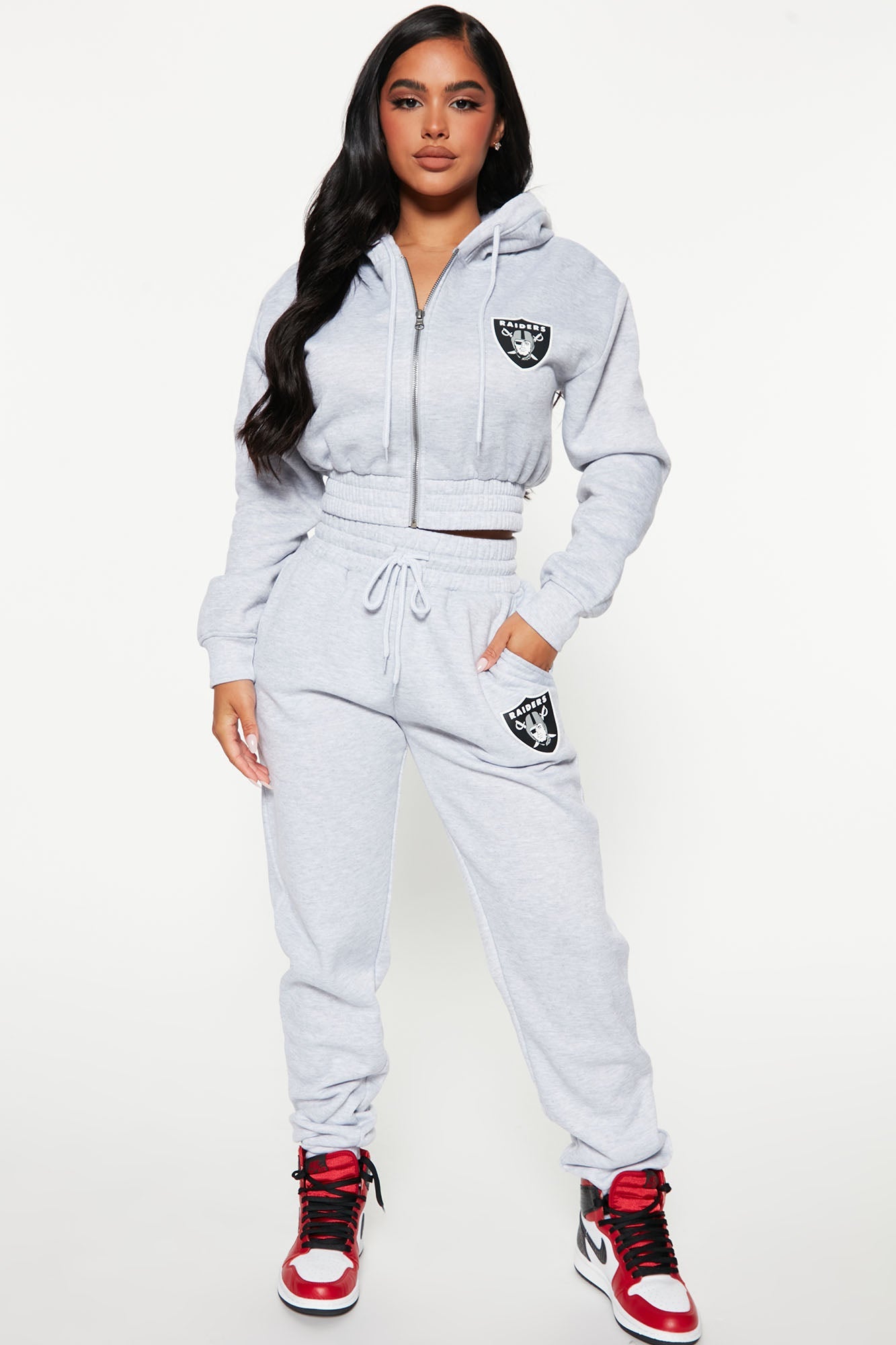 Raiders Cropped Zip Hoodie - Heather Grey
