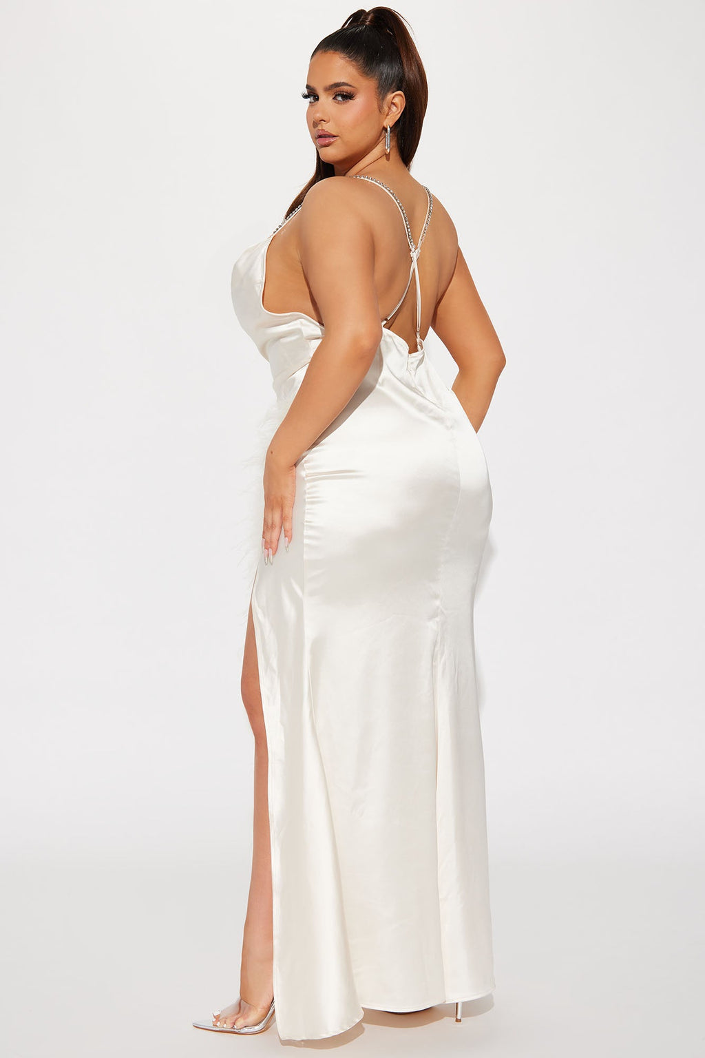 Isabella Feather Trim Satin Gown - Cream