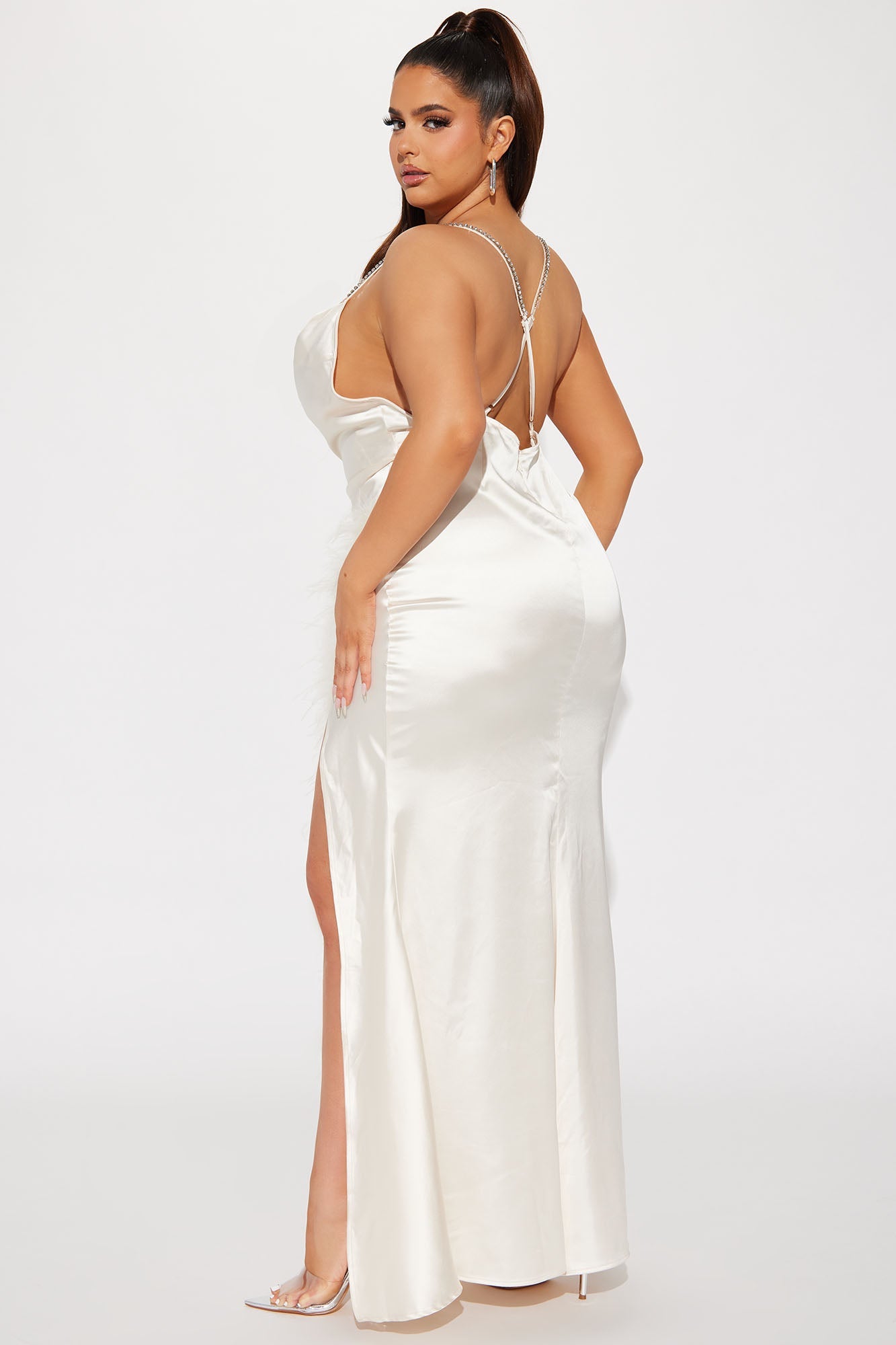 Isabella Feather Trim Satin Gown - Cream