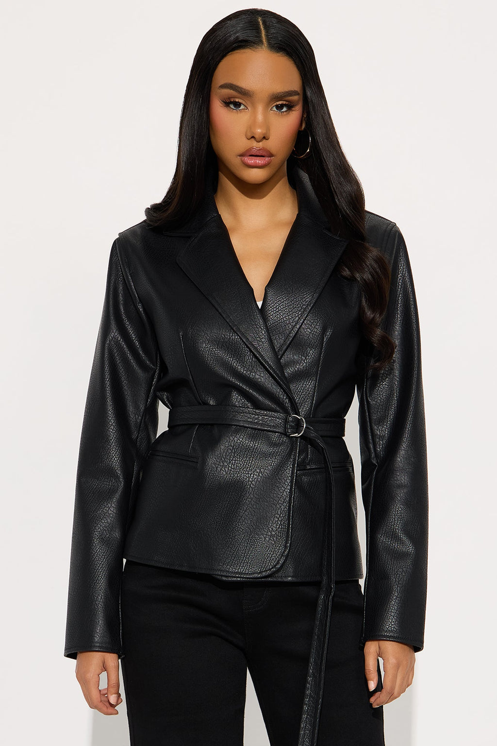 Tanya Belted Faux Leather Blazer - Black