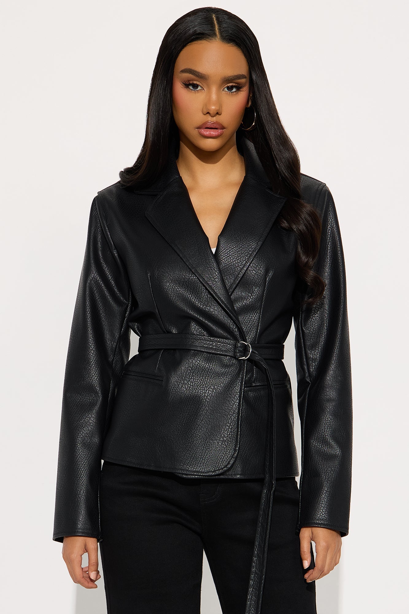 Tanya Belted Faux Leather Blazer - Black