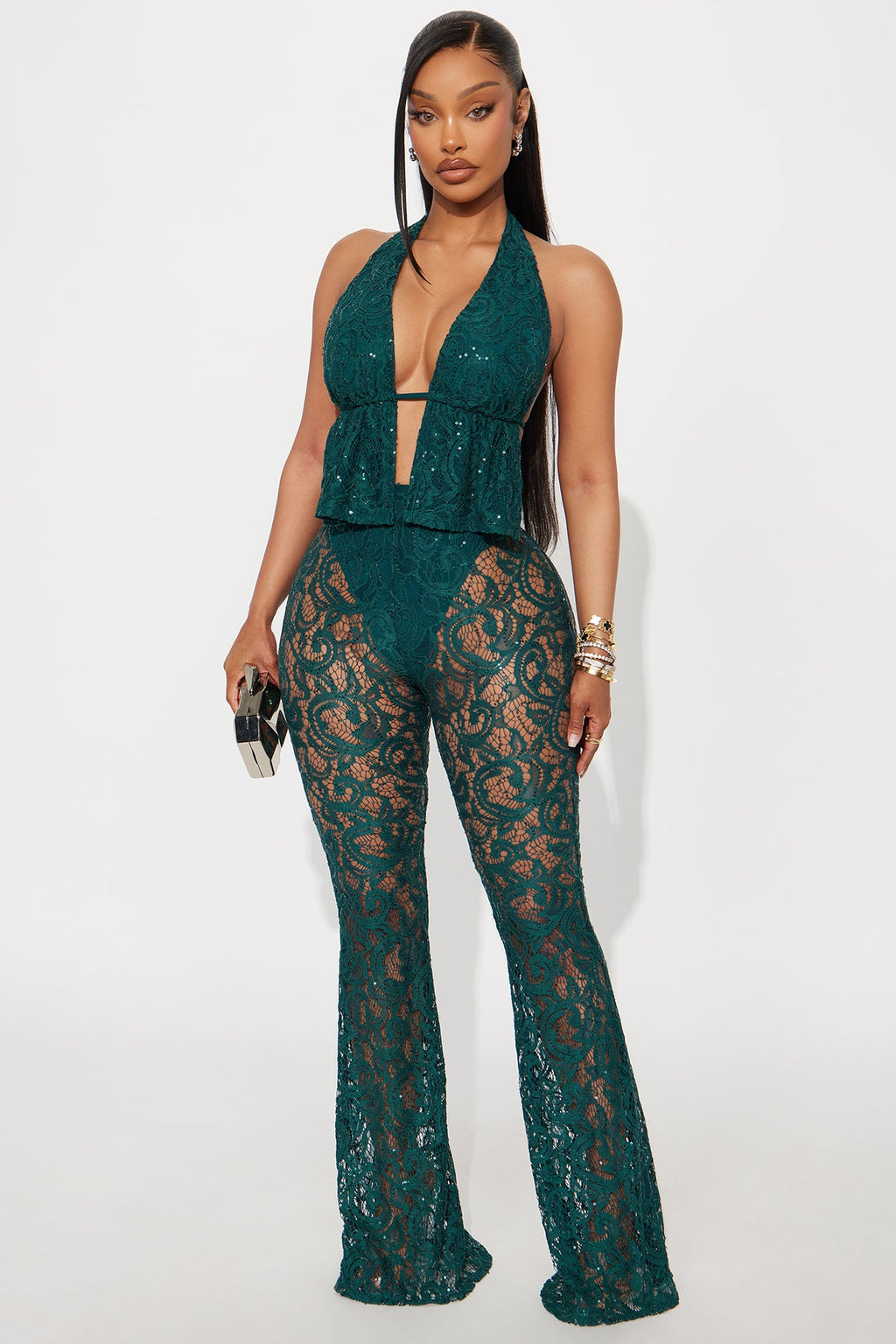 Envy Me Halter Lace Pant Set - Hunter