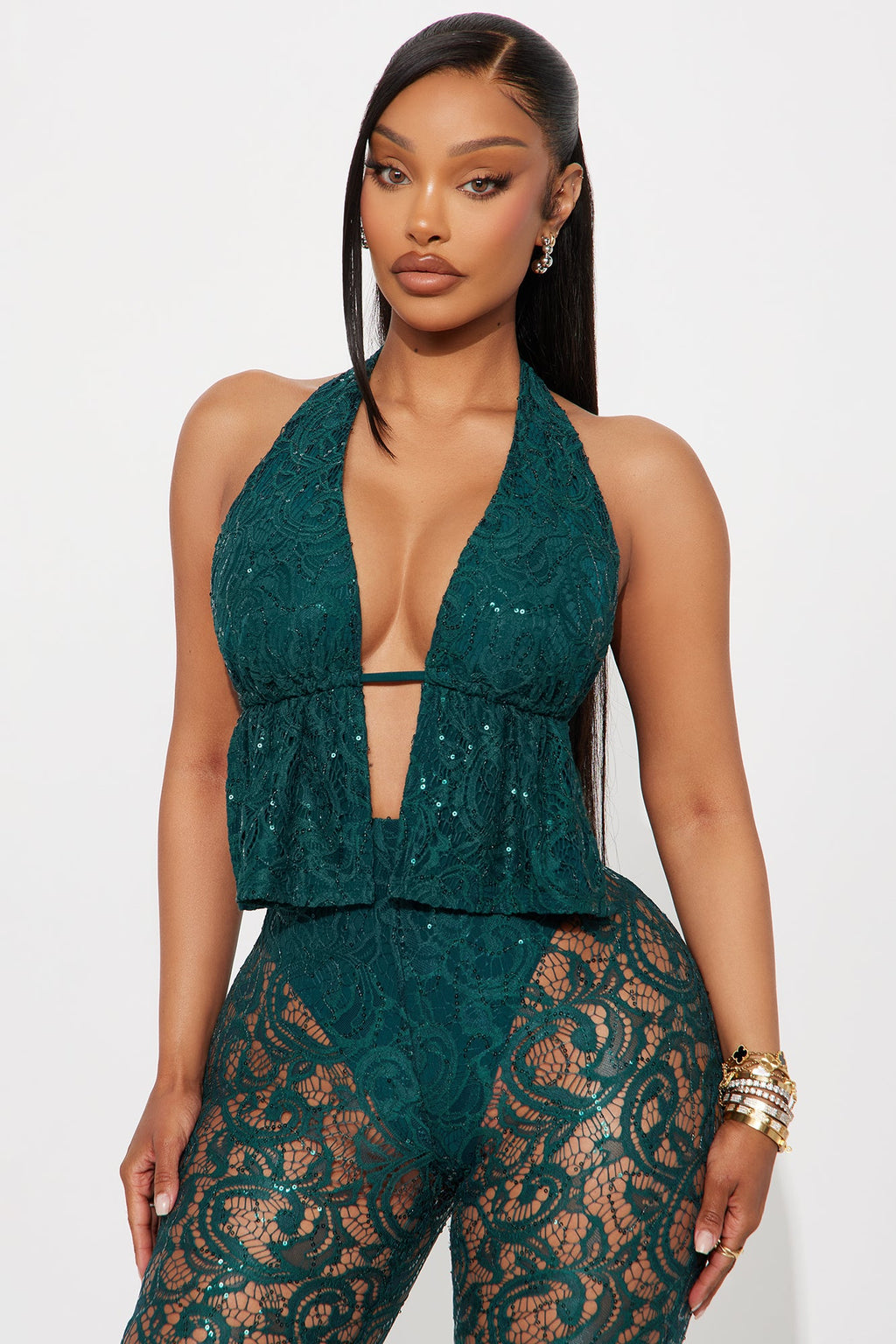 Envy Me Halter Lace Pant Set - Hunter
