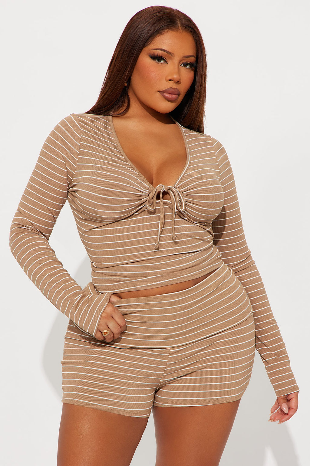 Have A Go Striped Fold Over Short Set - Khaki/combo
