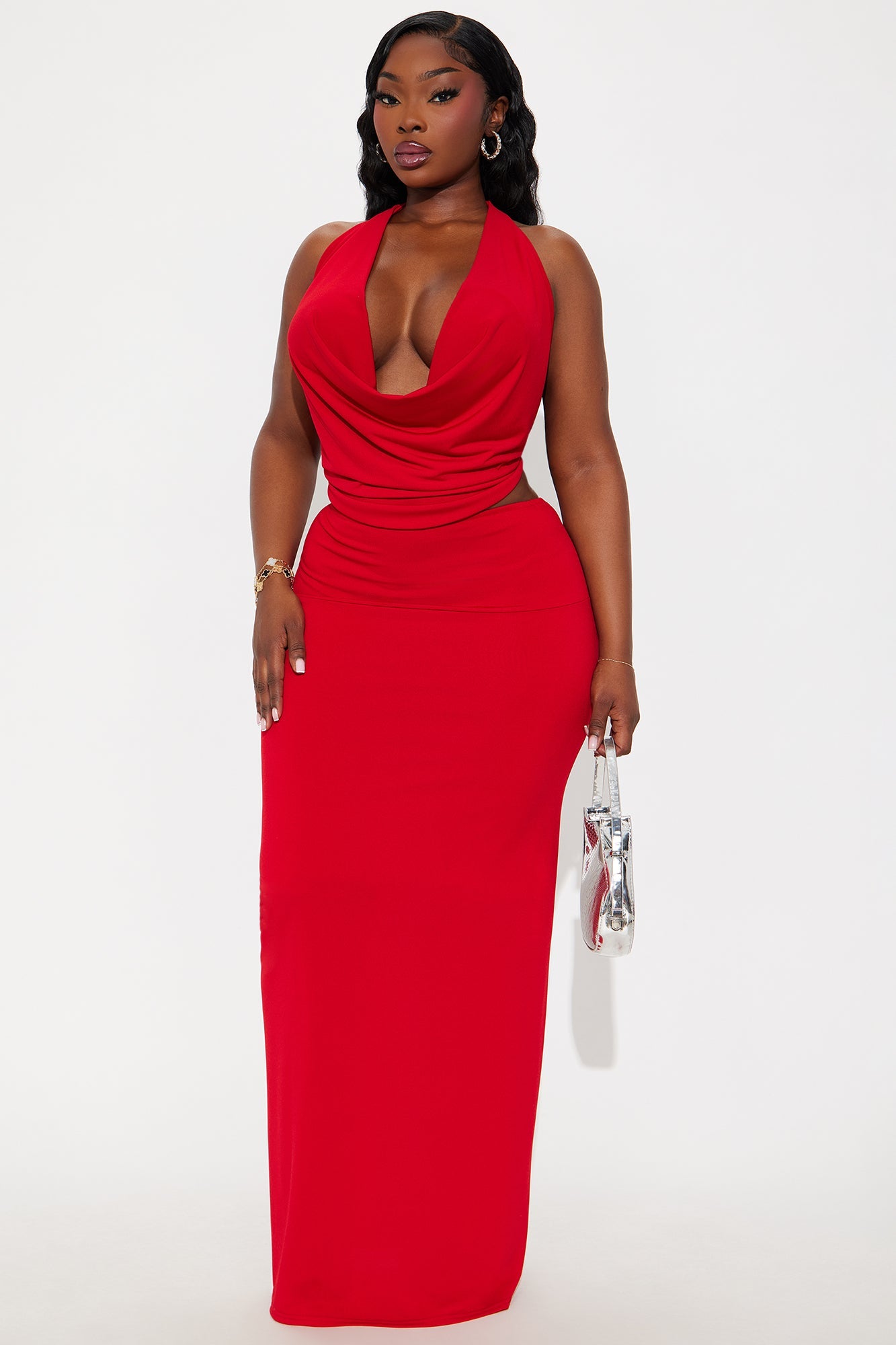 Maya Double Lined Backless Halter Maxi Skirt Set - Red