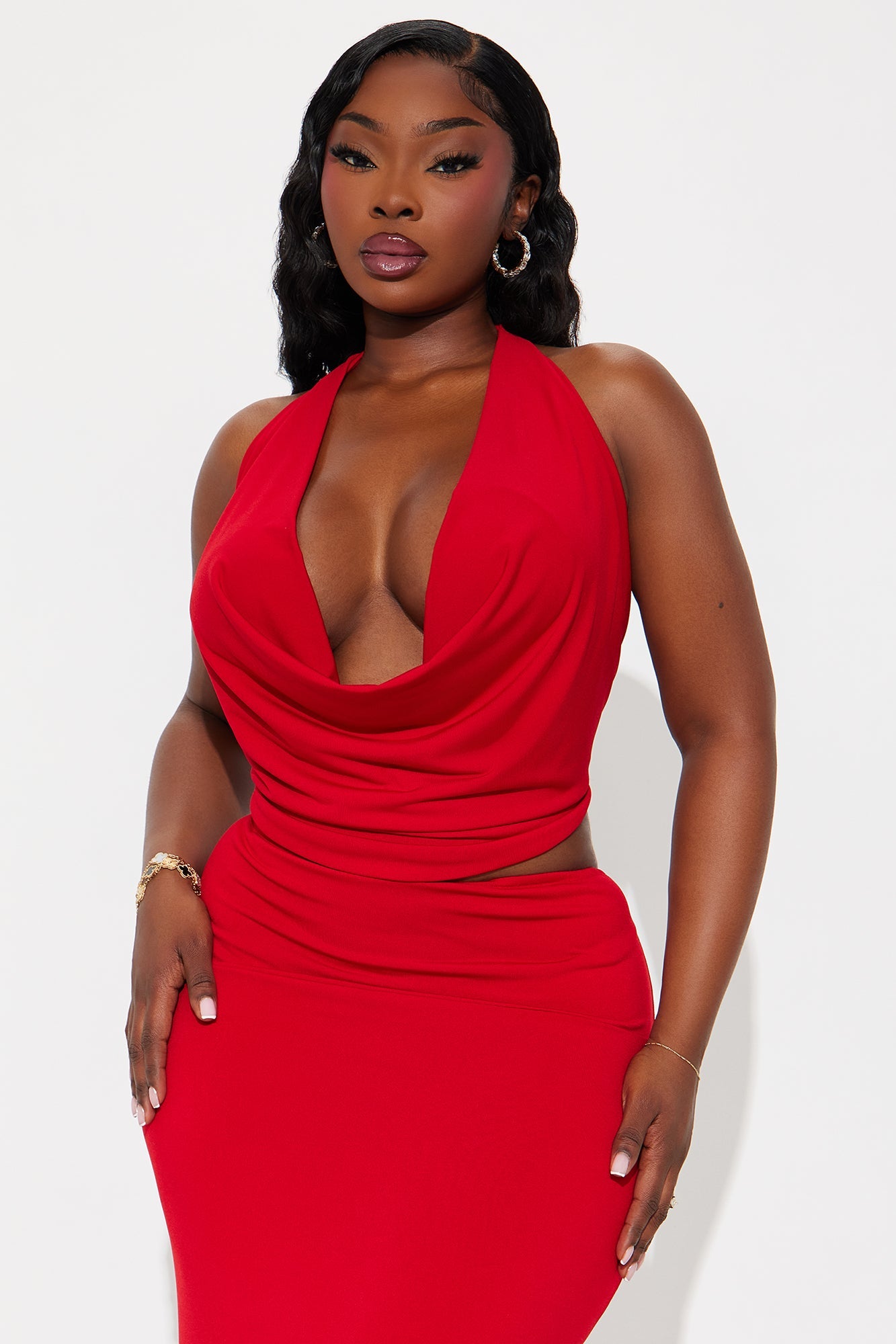 Maya Double Lined Backless Halter Maxi Skirt Set - Red