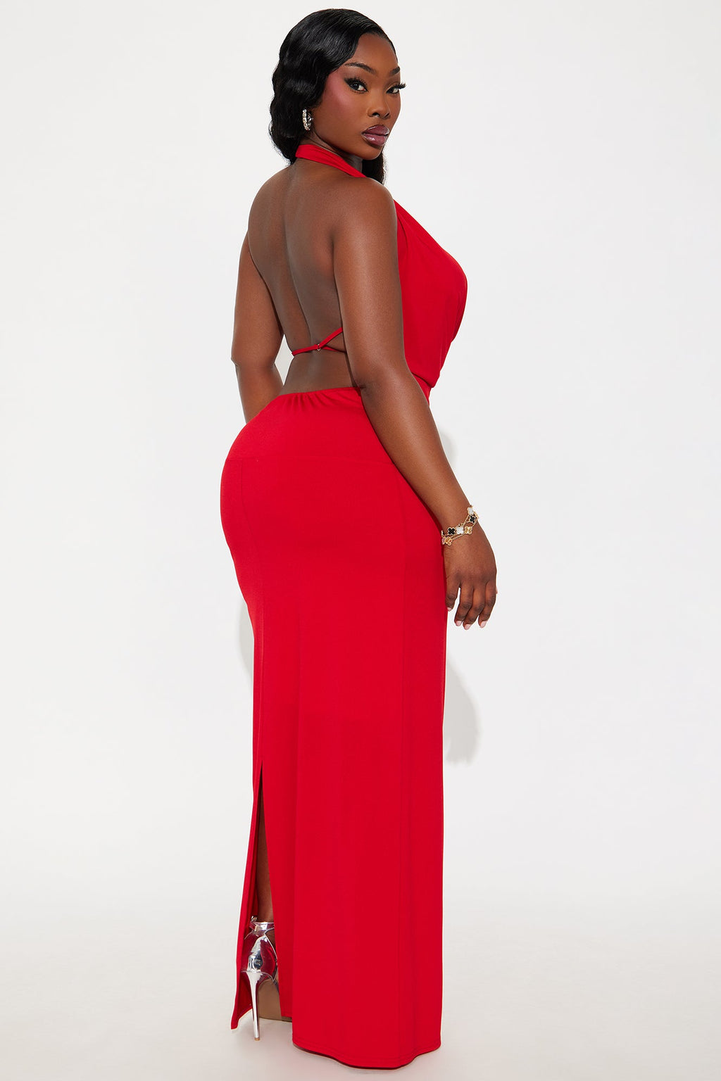 Maya Double Lined Backless Halter Maxi Skirt Set - Red