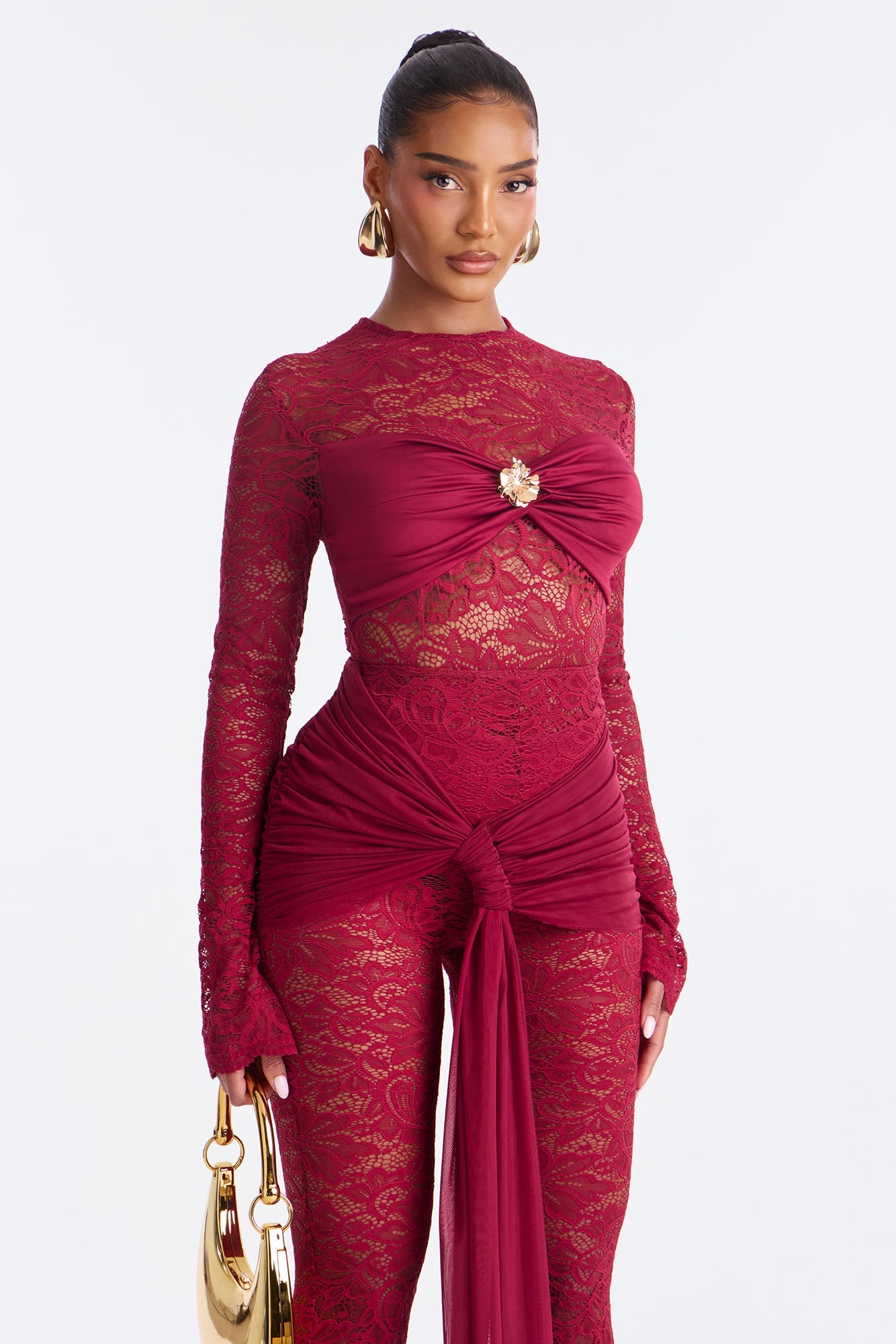 Antonelle Lace Flare Pant Set - Burgundy