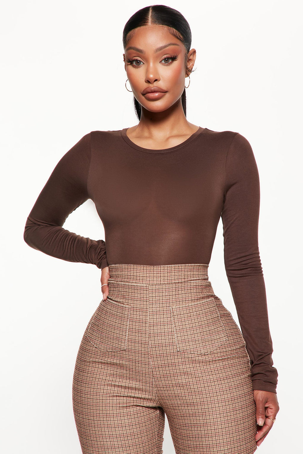 Krystal Crew Neck Long Sleeve Bodysuit - Chocolate
