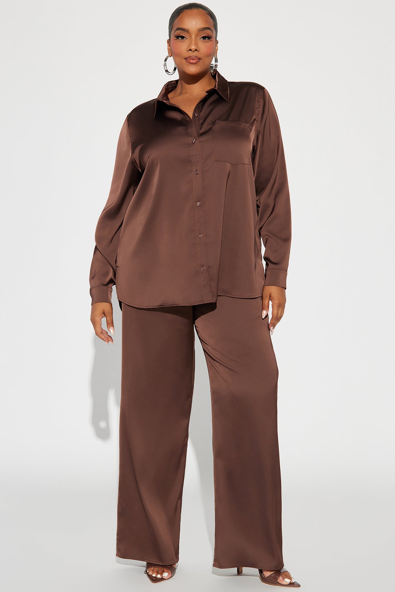 Makenzie Satin Pant Set - Chocolate