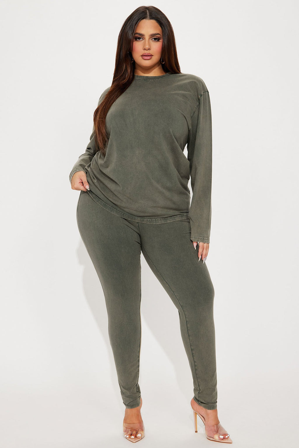 Stepping Out Mineral Wash Long Sleeve Legging Set - Olive