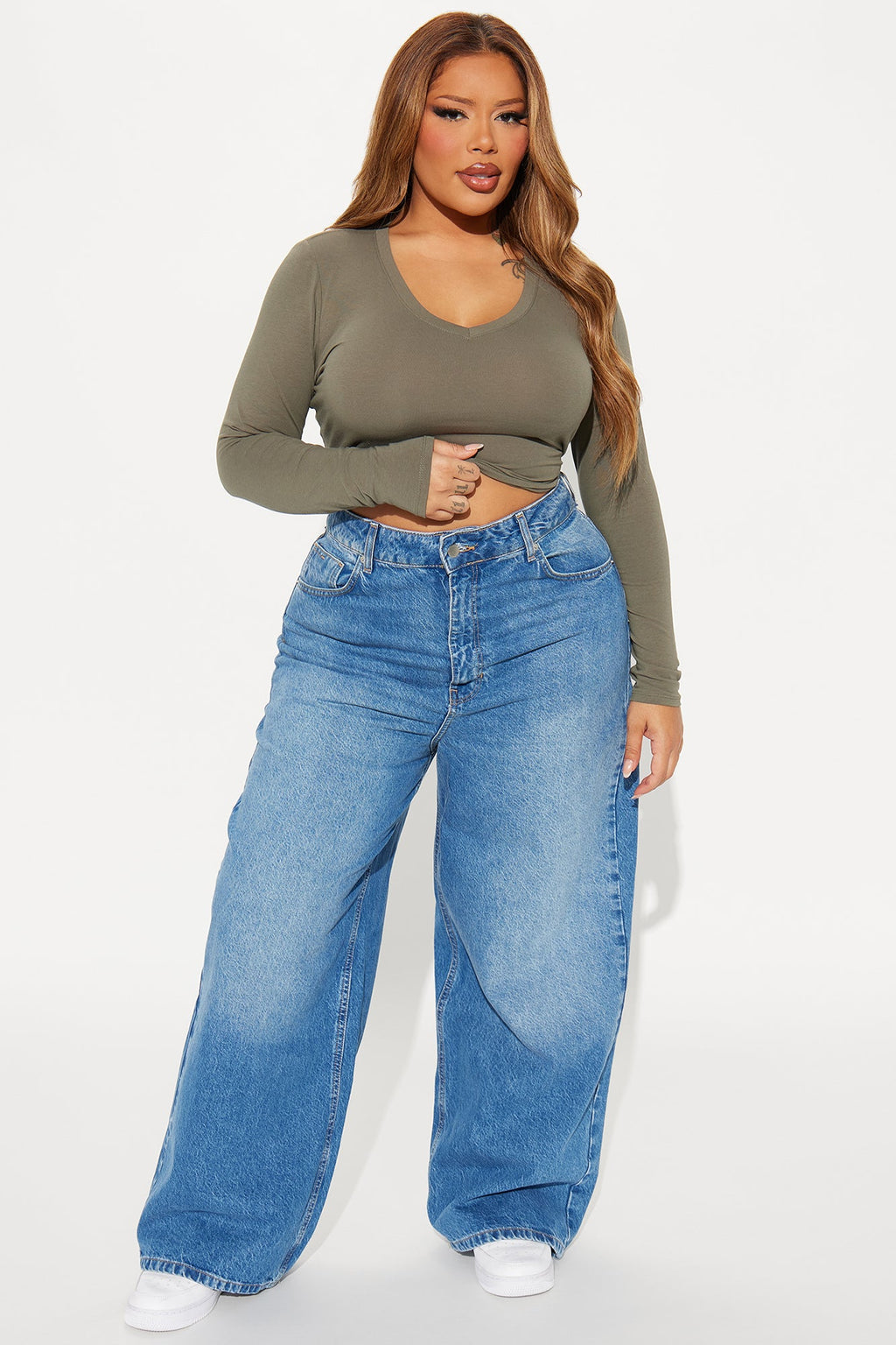 No Brainer Long Sleeve V Neck Tee - Olive