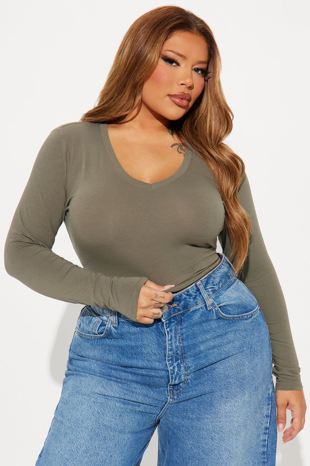 No Brainer Long Sleeve V Neck Tee - Olive