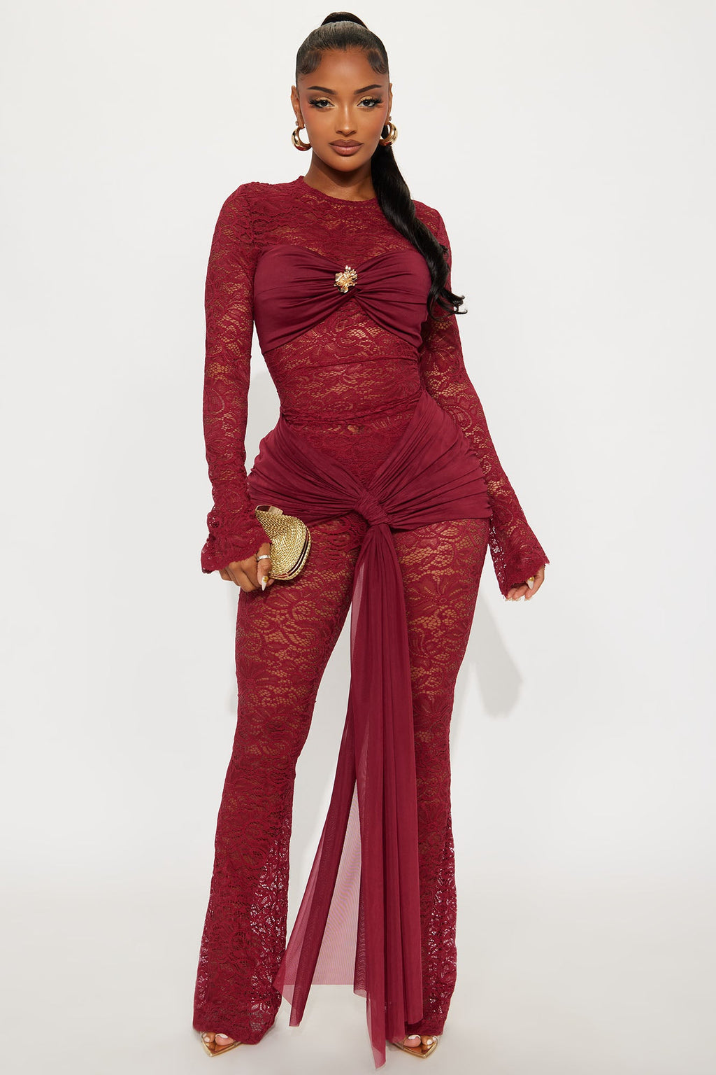 Antonelle Lace Flare Pant Set - Burgundy