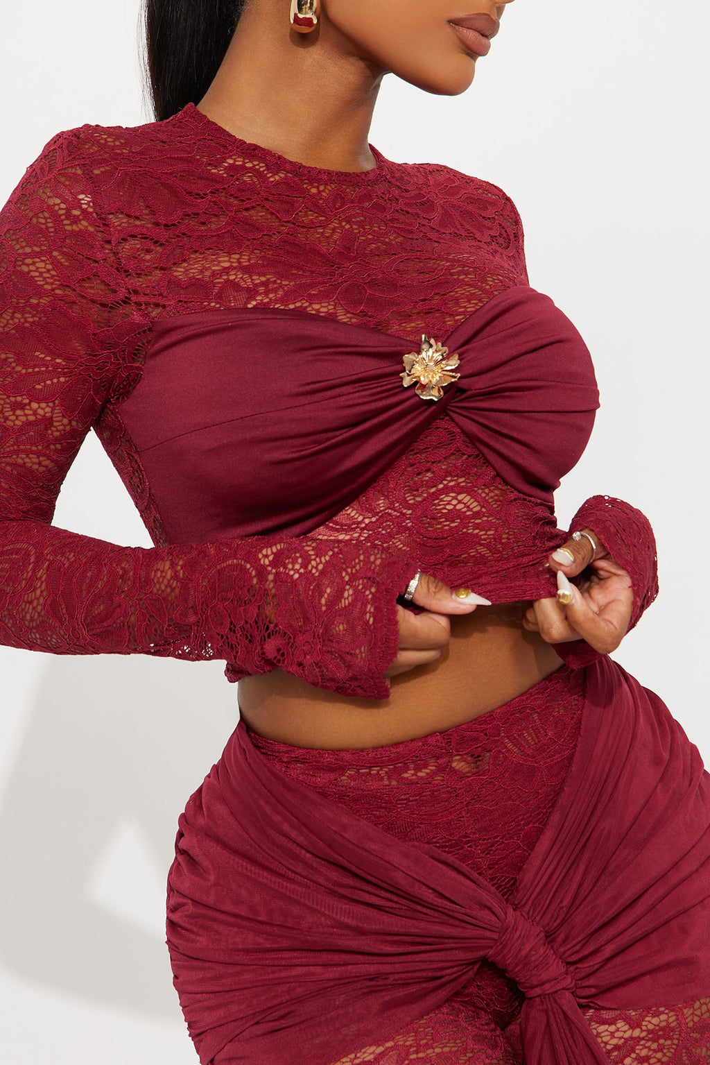 Antonelle Lace Flare Pant Set - Burgundy