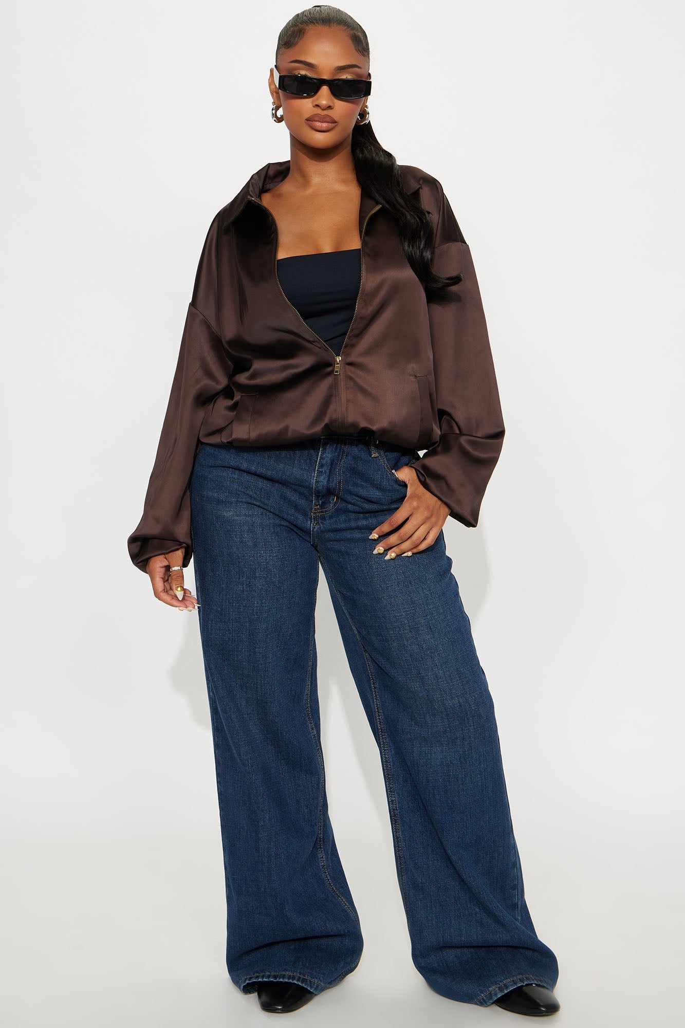 Gia Oversized Satin Bomber Jacket - Chocolate