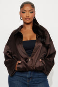 Gia Oversized Satin Bomber Jacket - Chocolate