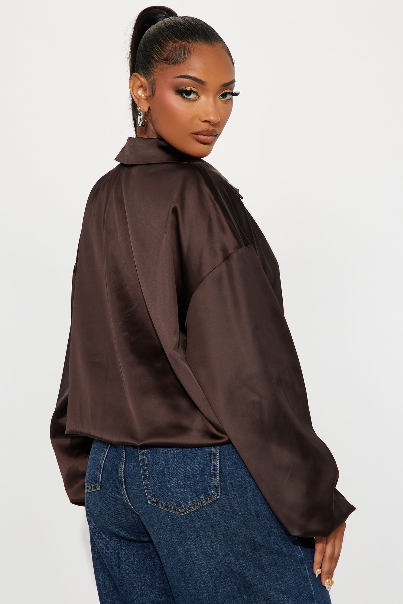 Gia Oversized Satin Bomber Jacket - Chocolate