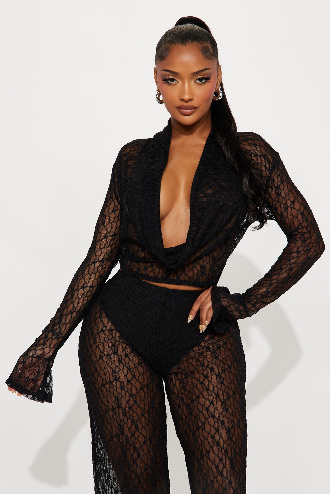 Hot Intentions Cowl Neck Lace Pant Set - Black