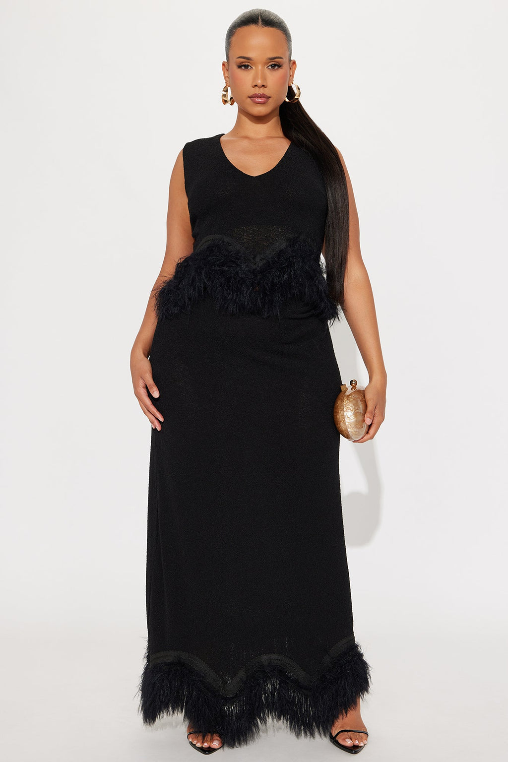 Selena Feather Trim Maxi Skirt Set - Black