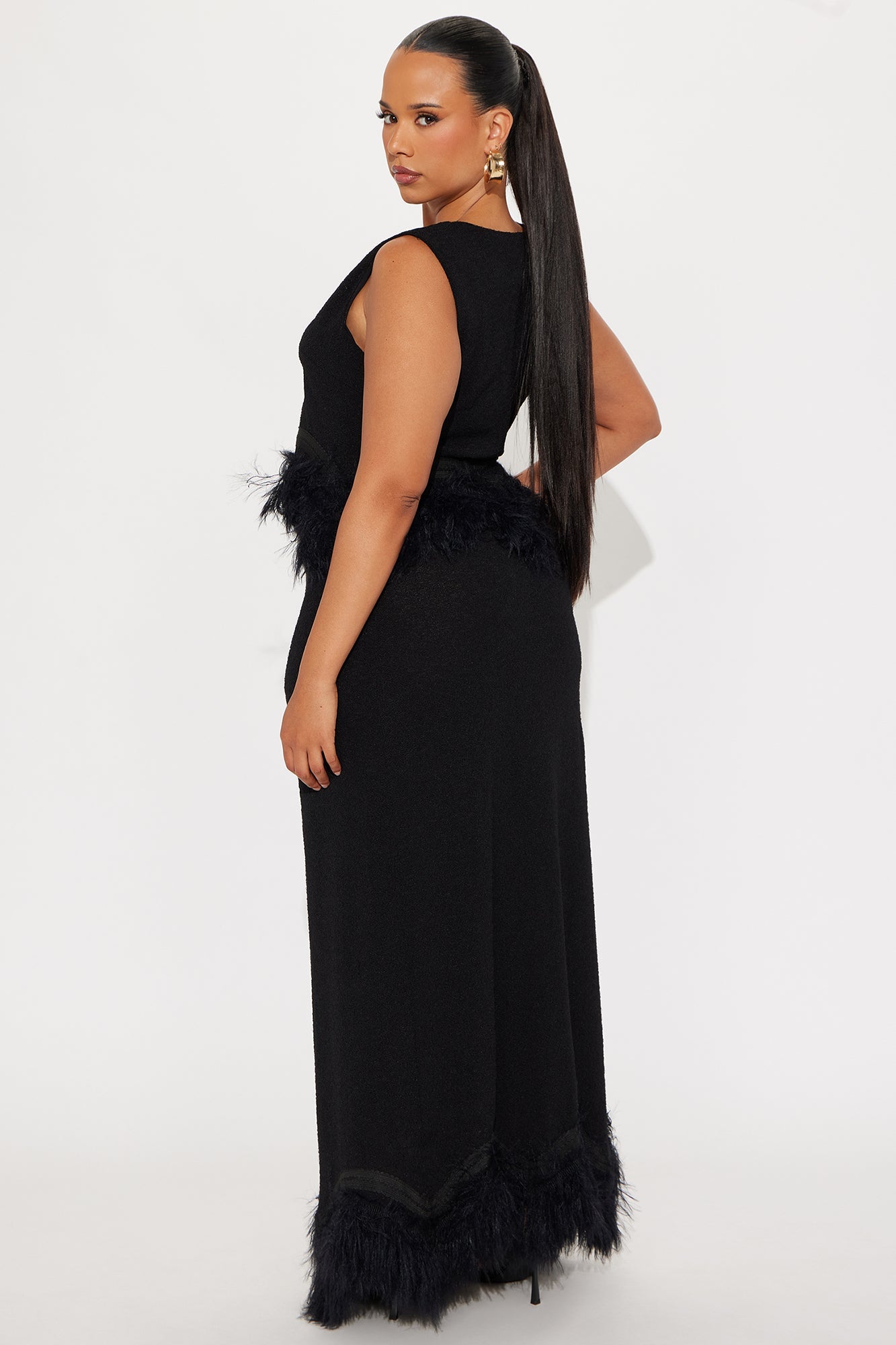 Selena Feather Trim Maxi Skirt Set - Black