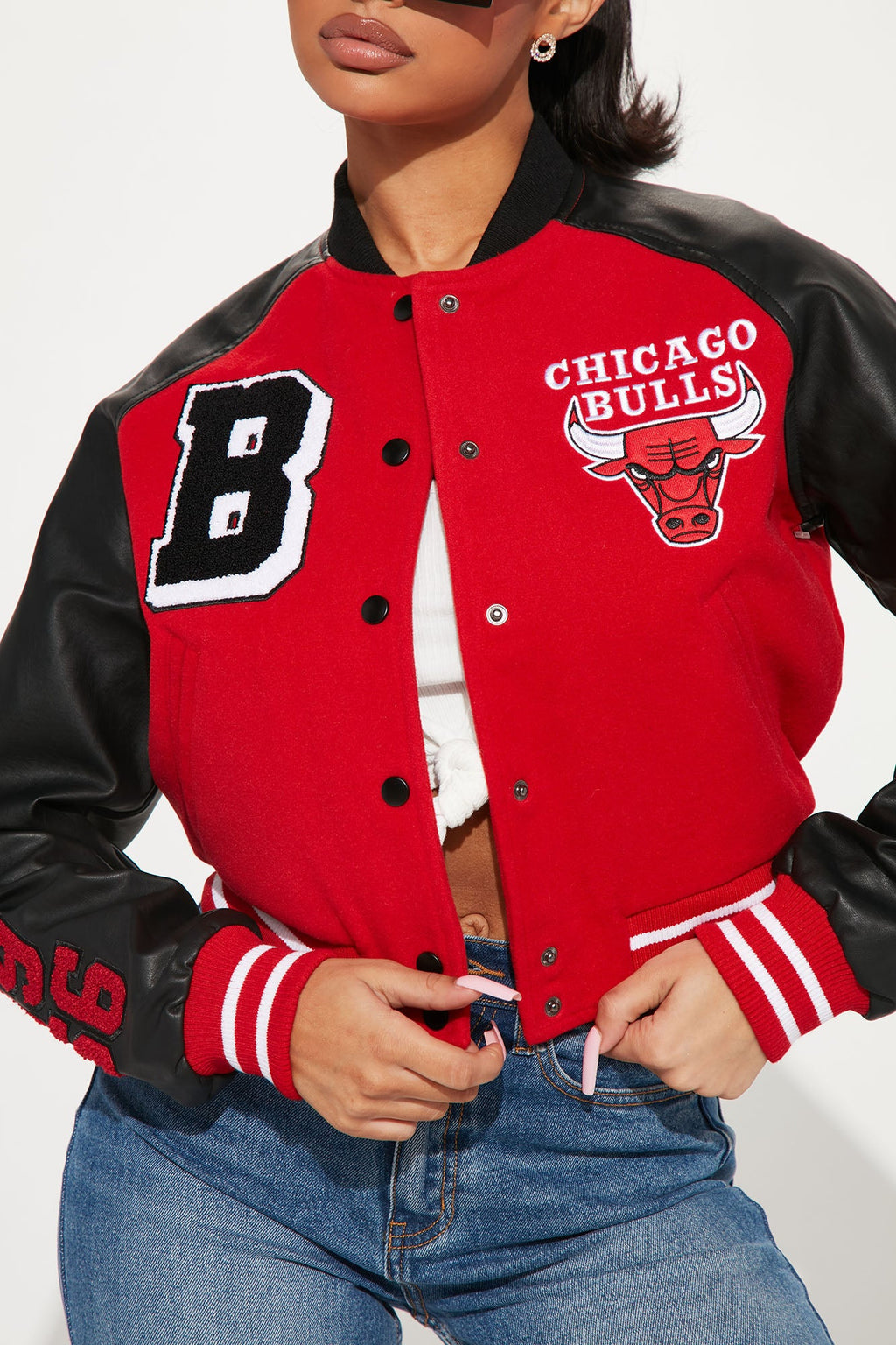 Bulls Cropped Letterman Jacket - Red/Black