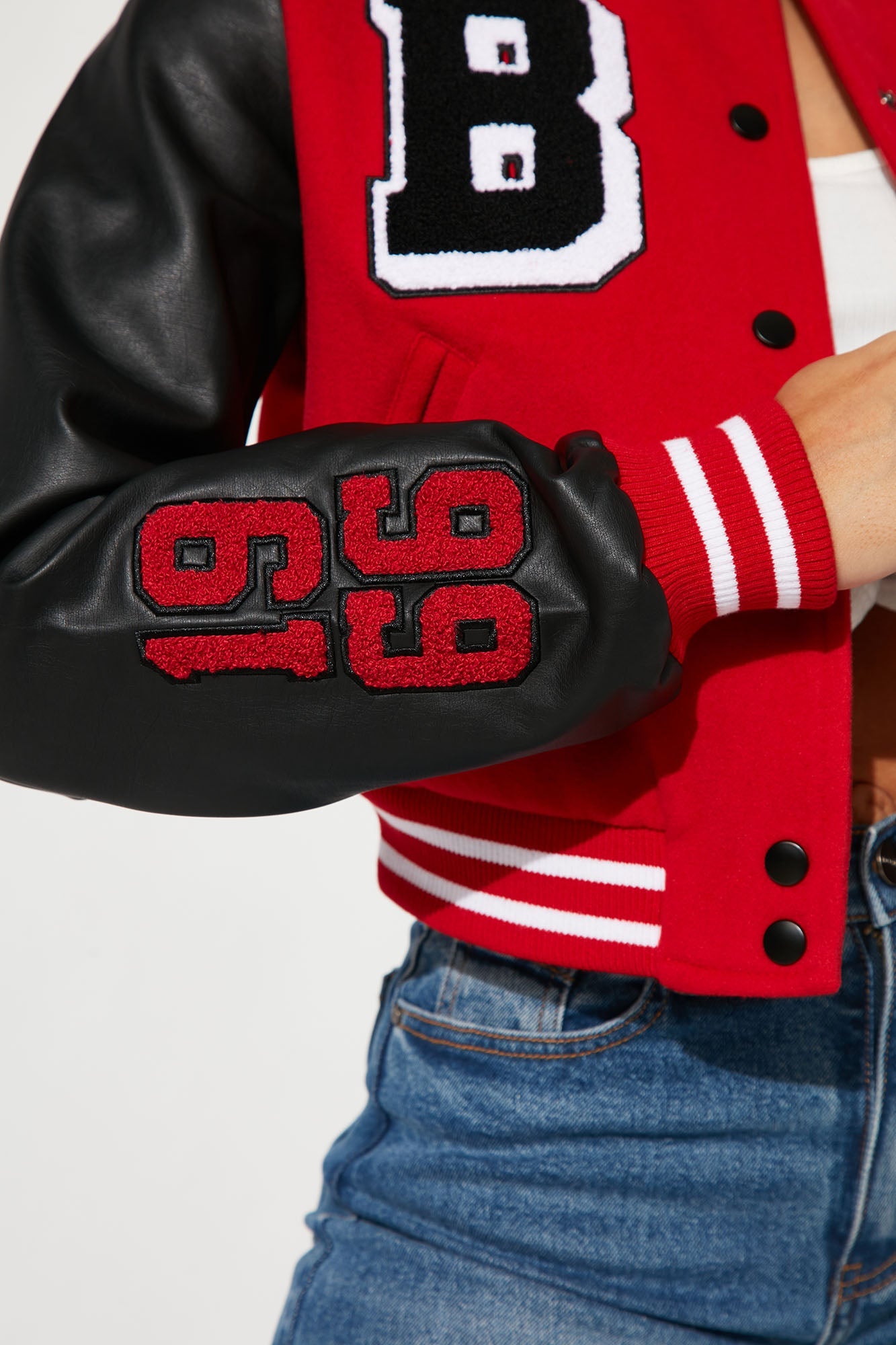 Bulls Cropped Letterman Jacket - Red/Black