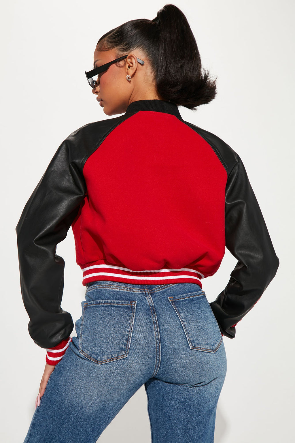 Bulls Cropped Letterman Jacket - Red/Black